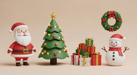 Charming christmas scene with santa claus, a decorated tree, gift boxes, a snowman, and a festive wreath