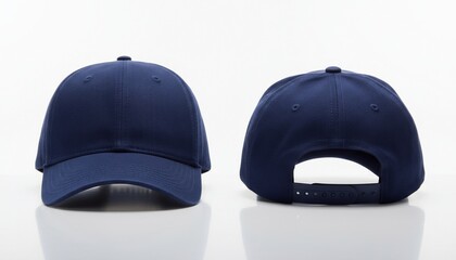 Obraz premium A pair of deep navy blue baseball caps viewed from the front and back on a white background
