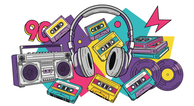 Groovy 90s boombox, cassettes, records, and headphones create a vibrant retro music collage bursting with nostalgic energy and fun