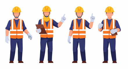 Obraz premium Four construction workers in safety vests and hard hats, some holding clipboards and pointing.