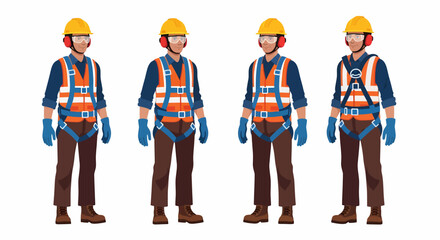 Four construction workers wearing safety gear, standing in a row.