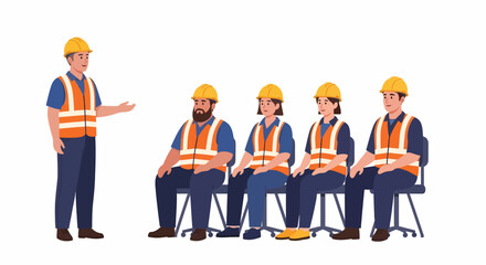 A construction foreman leading a safety meeting or toolbox talk with a diverse team of workers wearing hard hats and vests.