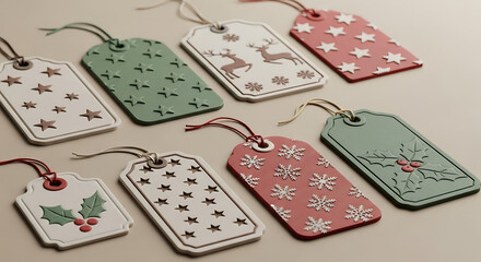 A collection of festive christmas gift tags with various holiday designs and patterns