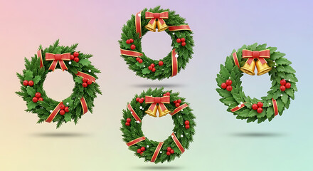 A collection of four beautiful green christmas wreaths adorned with red berries, bows, and bells