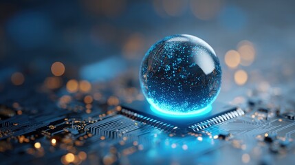 A glowing, transparent sphere with blue and orange particles on a circuit board background.