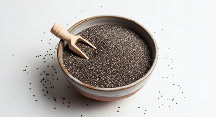 Chia Seeds Bowl Rustic Ceramic with Wooden Spoon, Healthy Eating, and Minimal.