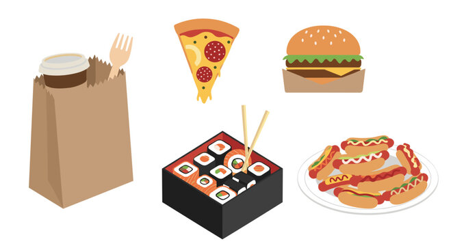 Vibrant assortment of popular takeout foods including pizza, sushi, burgers, hot dogs, and coffee for a delicious meal