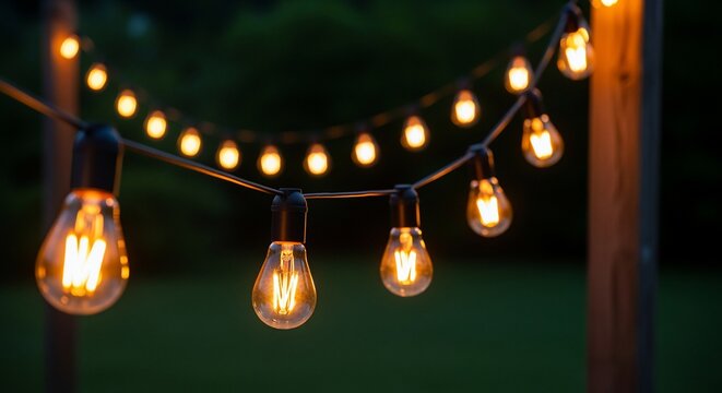 Rustic outdoor string lights illuminating a twilight setting with a soft, warm glow - Powered by Adobe