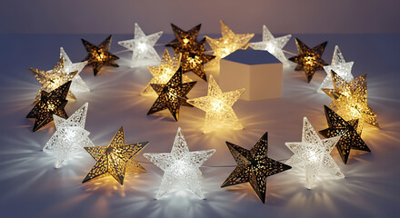 A circle of decorative starshaped fairy lights with warm white illumination on a dark background