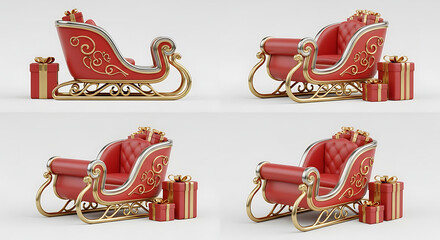 A collection of ornate red and gold santa claus sleighs with decorative elements and gift boxes