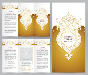 Elegant Gold Eastern Vintage Brochure Template - Ornate Mandala Border Designs for Tri-Fold Booklet Layout