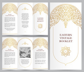 Elegant Gold Eastern Vintage Brochure Template - Ornate Mandala Border Designs for Tri-Fold Booklet Layout