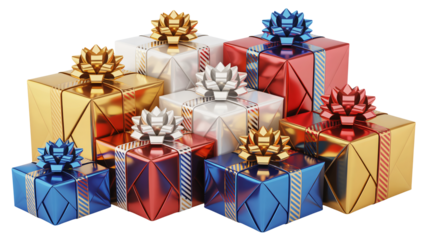 Festive gift boxes in red, gold, and blue with elegant bows