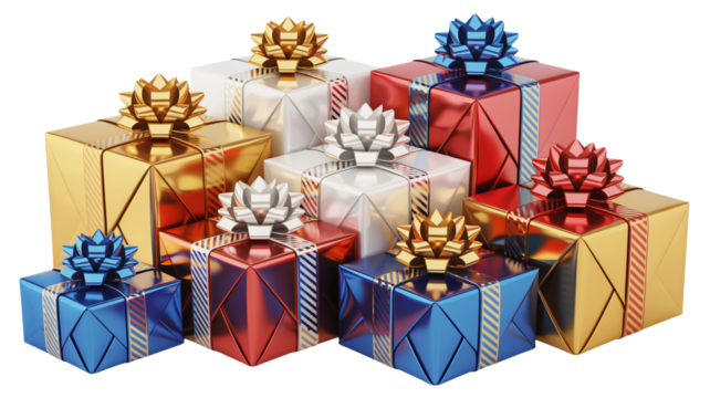Festive gift boxes in red, gold, and blue with elegant bows