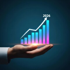 Businessman's hand supporting glowing bar chart with upward trend to year 2026 success.