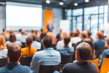 Audience attending seminar in modern conference room