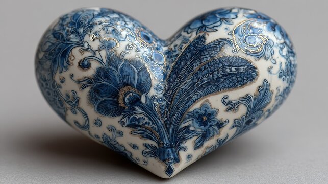 Whimsical blue and white heart with Delft style pattern, simplistic sketch in muted acrylic colors with accent ink lines, artistic and decorative design for creative backgrounds.