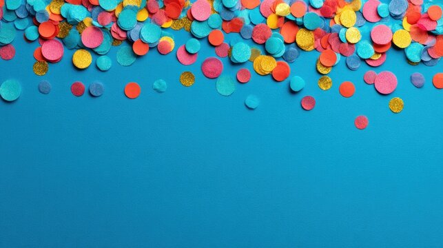 A colorful confetti shower against a blue background.