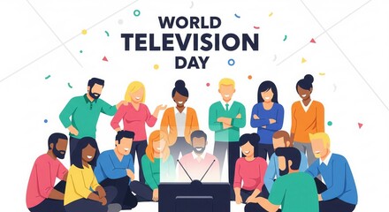World television day celebration with diverse group watching tv