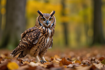 Tawny owl sitiing in autumn forest. 3d rendering.
