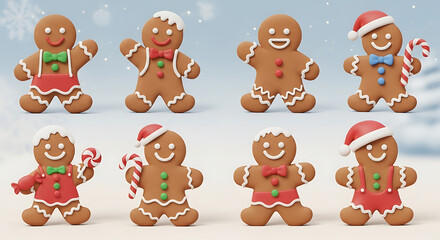 Collection of eight cheerful gingerbread man cookies with festive christmas attire and accessories