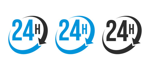 24 Hours Service Icon Set – Blue and Black 24h Clock Symbol with Arrow for Support, Delivery, and Business Availability