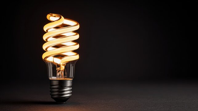 A glowing, spiral-shaped light bulb emitting a warm, yellow glow on a dark background.