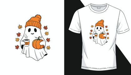 Cozy ghost enjoying a warm pumpkin spice latte amidst falling autumn leaves, perfect for seasonal apparel