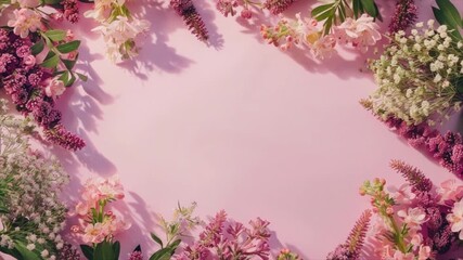 Summer floral frame with colourful meadow flowers on pink background. Copy space for text. Valentine's or Mother's Day concept