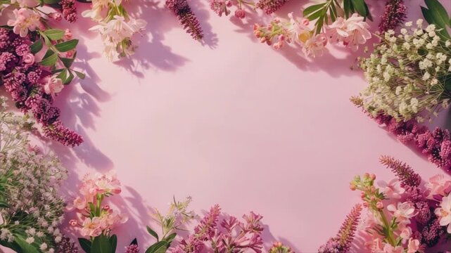 Summer floral frame with colourful meadow flowers on pink background. Copy space for text. Valentine's or Mother's Day concept
