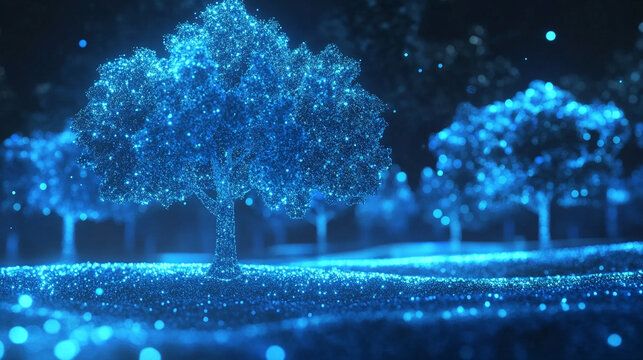 Glowing data trees rise into a digital sky symbolizing cloud storage connectivity and information growth blending technology and nature in a futuristic visualization of data networks and virtual ecosy - Powered by Adobe