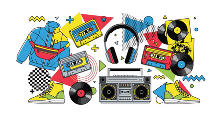 Vibrant retro 80s fashion and music collage featuring boombox, cassettes, vinyl, sneakers, and bomber jacket