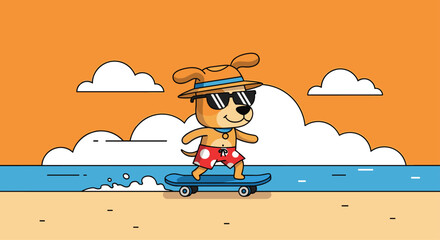 Cool cartoon dog enjoys a sunny day skateboarding at the beach with waves and clouds creating a vibrant summer vibe