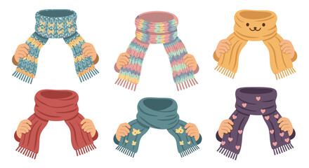 Cozy winter scarves in vibrant colors and charming patterns held by hands, perfect for seasonal promotions