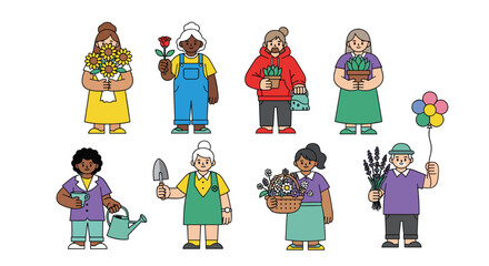 Diverse group of people happily gardening and enjoying nature's beauty with flowers and plants