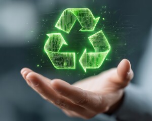 Hand holding glowing recycle symbol