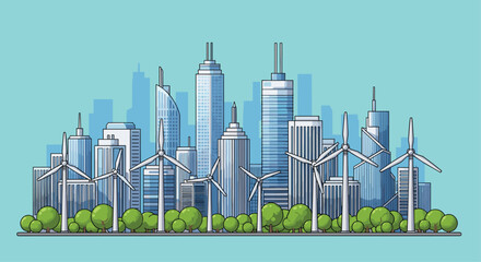 Modern city skyline powered by clean wind energy with lush green trees in the foreground