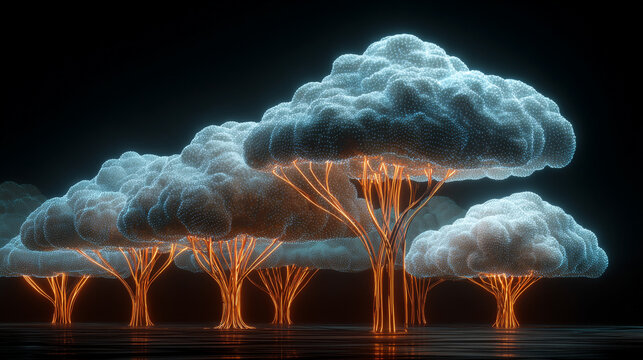 Glowing data trees rise into a digital sky symbolizing cloud storage connectivity and information growth blending technology and nature in a futuristic visualization of data networks and virtual ecosy