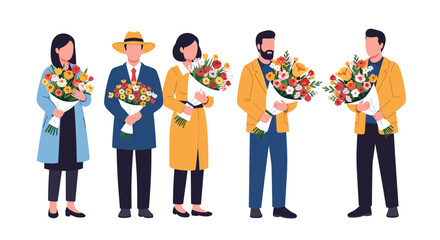 Joyful diverse group holding vibrant flower bouquets celebrating special moments and expressing heartfelt emotions with vibrant colors