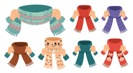 Cozy winter scarf collection featuring cute animal designs and vibrant colors, perfect for staying warm and stylish