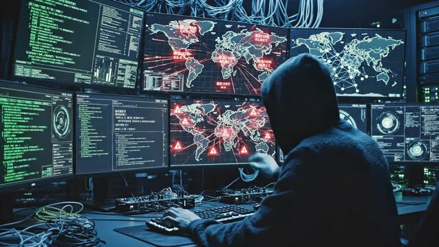 Cyber Security Breach: Hacker at Work - A hooded figure works on multiple computer screens displaying code and world maps with threat indicators, suggesting a cyberattack in progress.