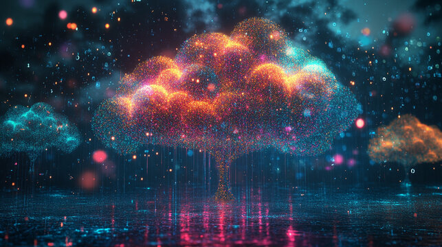 Glowing data trees rise into a digital sky symbolizing cloud storage connectivity and information growth blending technology and nature in a futuristic visualization of data networks and virtual ecosy