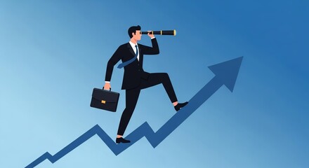 Determined businessman using a spyglass while walking up a soaring growth arrow, illustrating strategic foresight, future vision, and successful business development