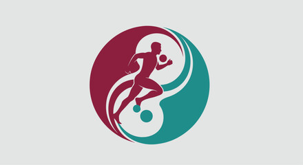 Obraz premium Dynamic runner silhouette in vibrant yin yang symbol represents balance, energy, and athletic pursuit in modern design