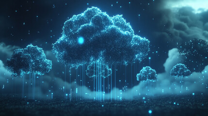 Glowing data trees rise into a digital sky symbolizing cloud storage connectivity and information growth blending technology and nature in a futuristic visualization of data networks and virtual ecosy