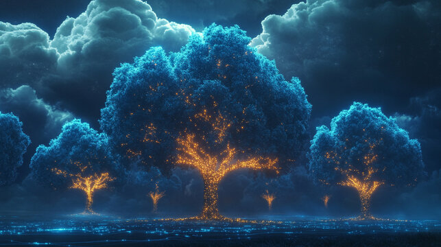 Glowing data trees rise into a digital sky symbolizing cloud storage connectivity and information growth blending technology and nature in a futuristic visualization of data networks and virtual ecosy