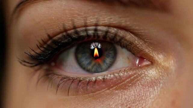 A close-up of a human eye with a candle flame reflected in the pupil, showing detail