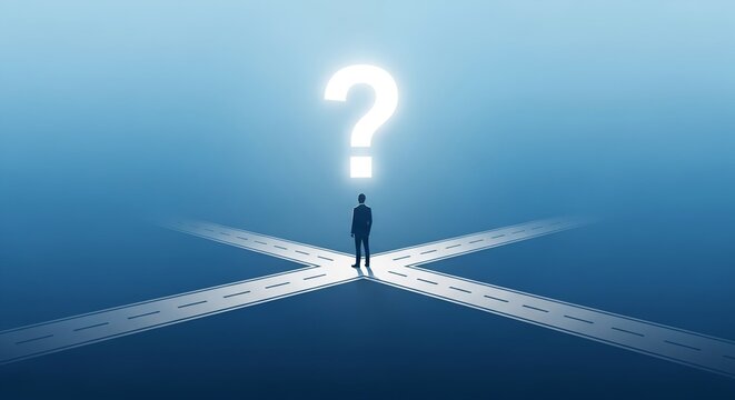 A lone person stands at an illuminated crossroads beneath a glowing question mark, symbolizing critical life decisions, career choices, and the uncertain path ahead