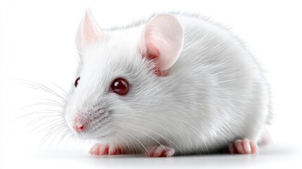 A white mouse with pink ears and eyes, sitting on a white surface.