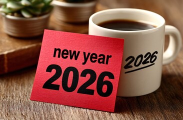 New year 2026 message on red sticky note and coffee mug, planning on wooden table